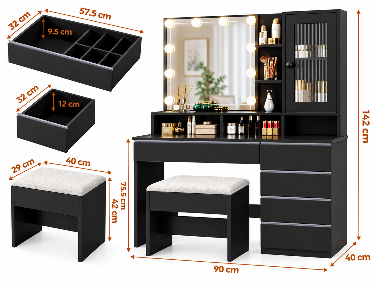 Dressing Table With Mirror LED Lights 6 Drawers Storage Stool Power Outlet