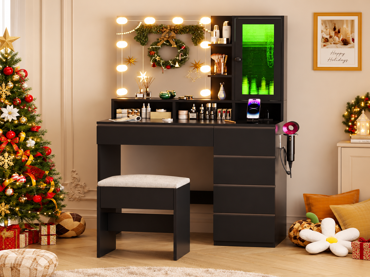Dressing Table With Mirror LED Lights 6 Drawers Storage Stool Power Outlet