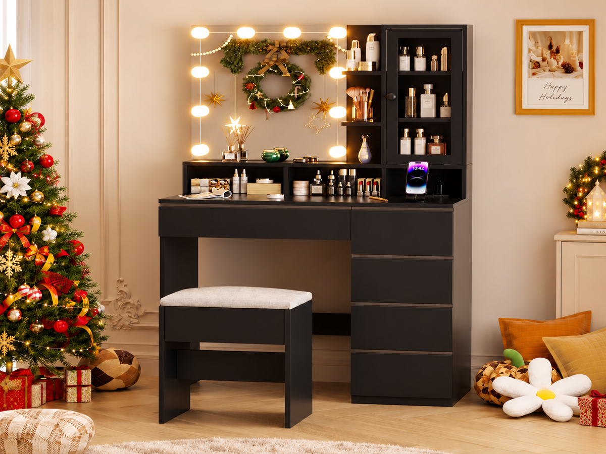 Dressing Table With Mirror LED Lights 6 Drawers Storage Stool Power Outlet