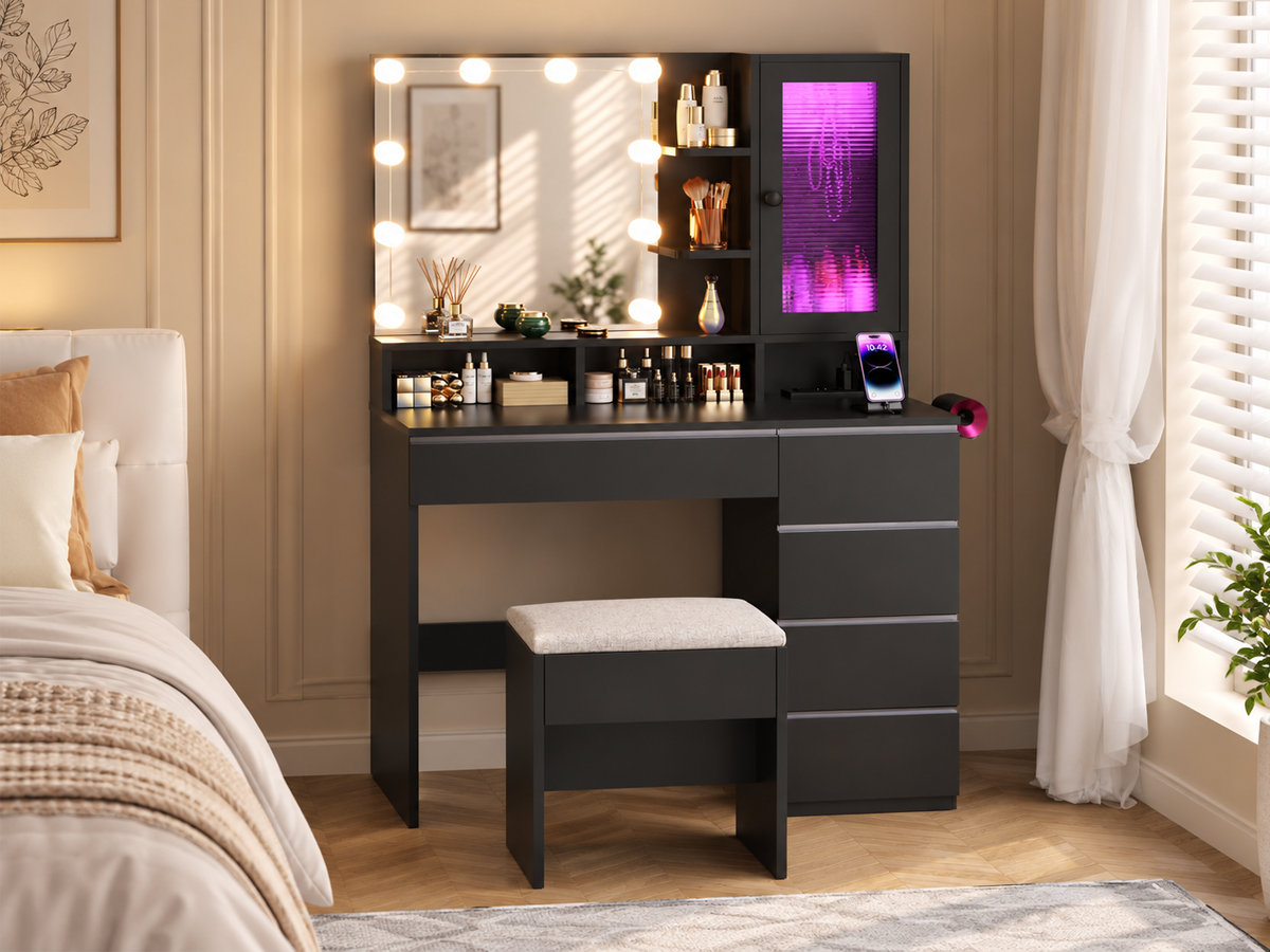 Dressing Table With Mirror LED Lights 6 Drawers Storage Stool Power Outlet