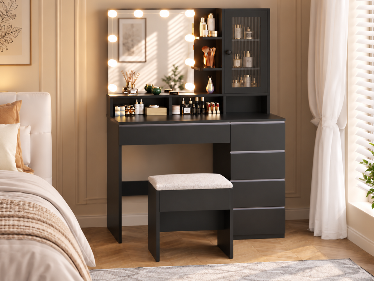 Dressing Table With Mirror LED Lights 6 Drawers Storage Stool Power Outlet