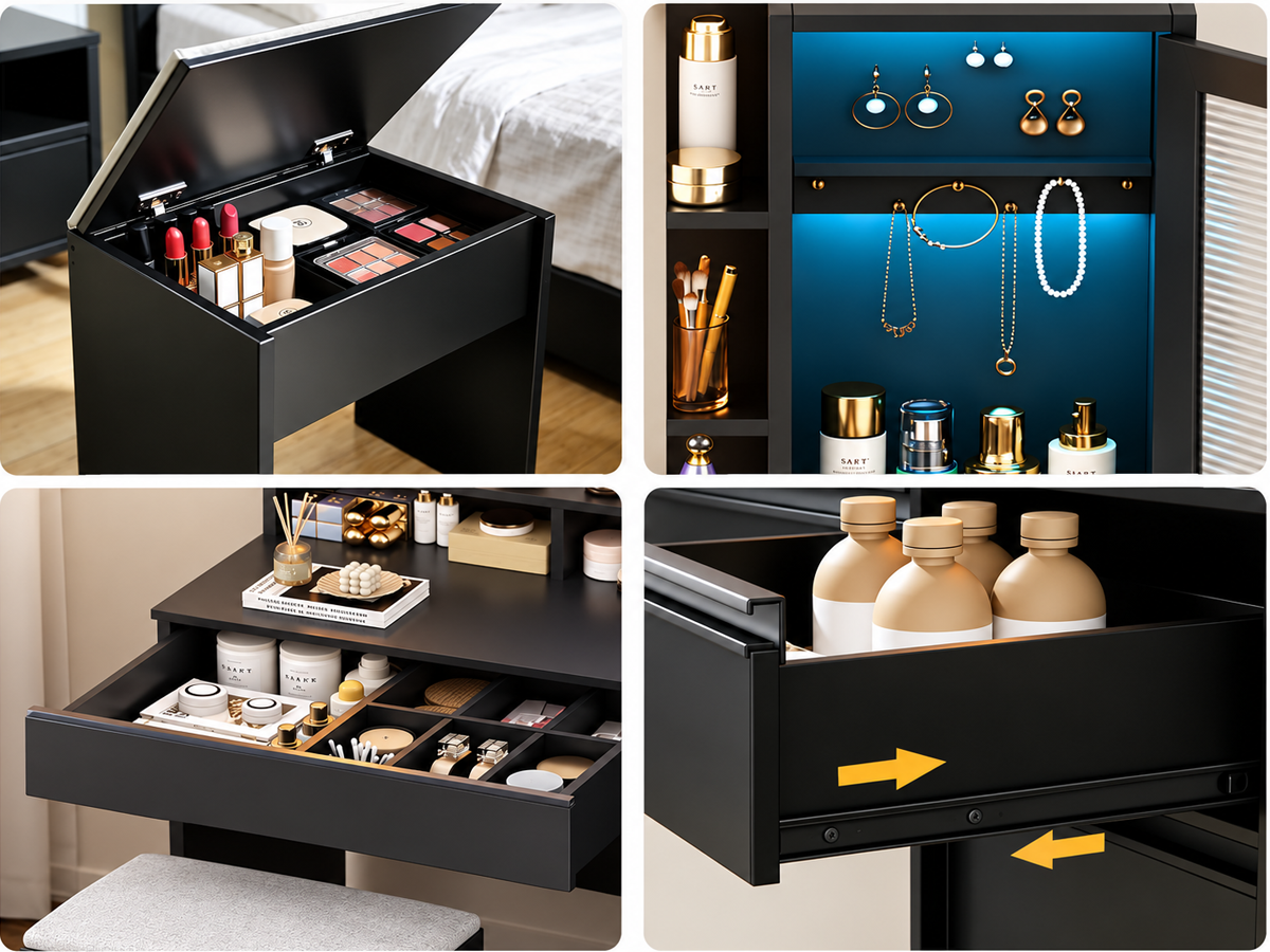 Dressing Table With Mirror LED Lights 6 Drawers Storage Stool Power Outlet