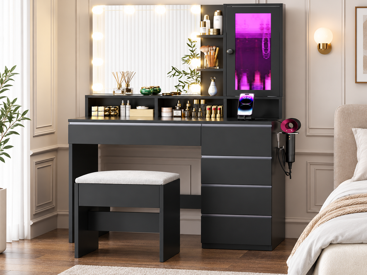 Dressing Table With Mirror LED Lights 6 Drawers Storage Stool Power Outlet