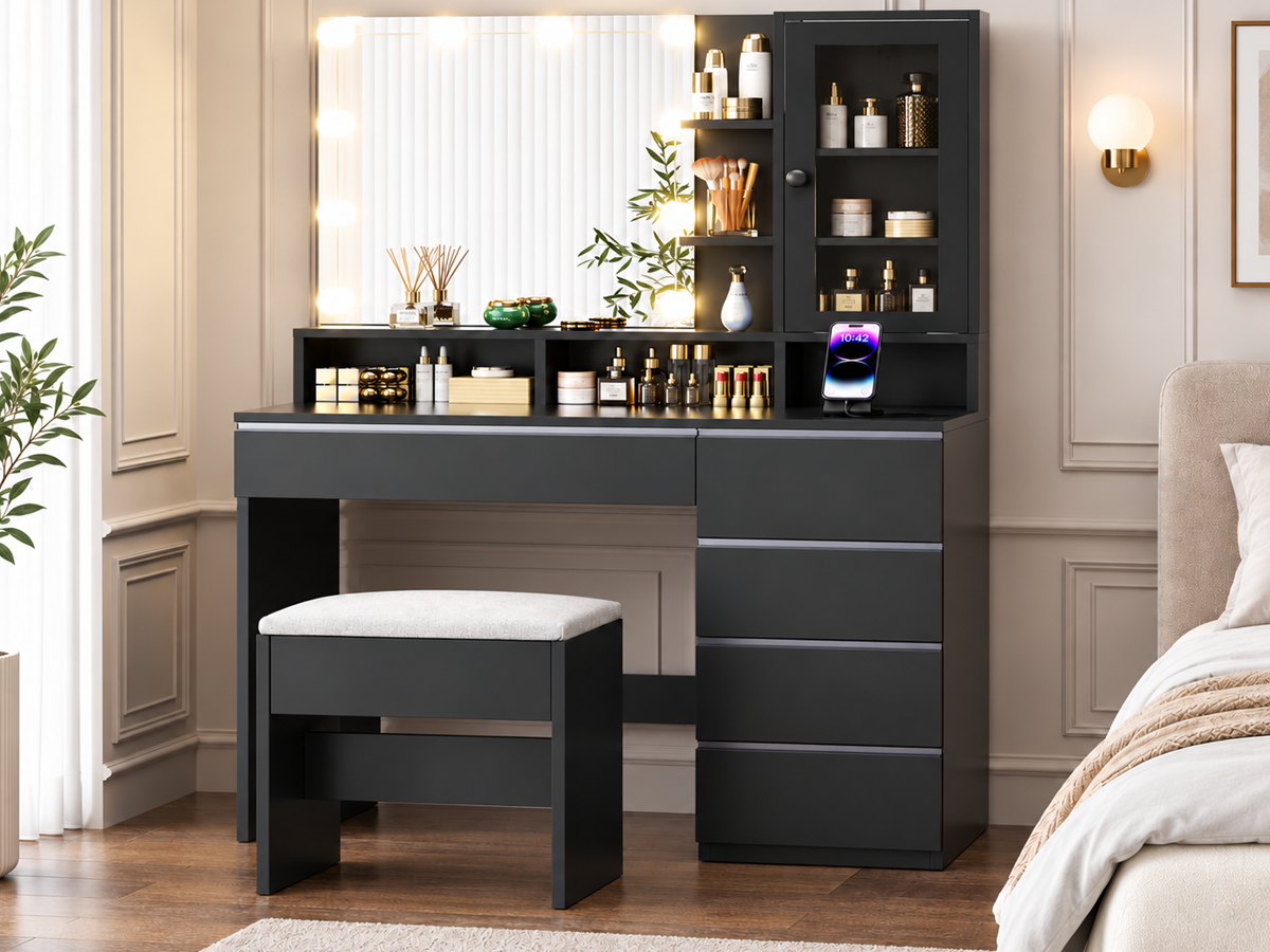Dressing Table With Mirror LED Lights 6 Drawers Storage Stool Power Outlet