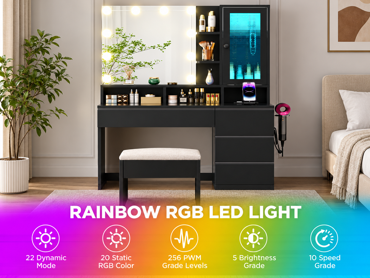 Dressing Table With Mirror LED Lights 6 Drawers Storage Stool Power Outlet