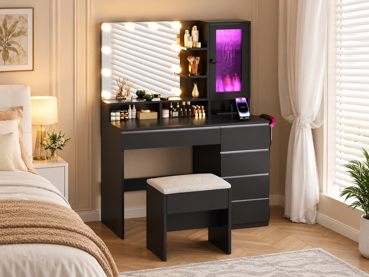 Dressing Table With Mirror LED Lights 6 Drawers Storage Stool Power Outlet