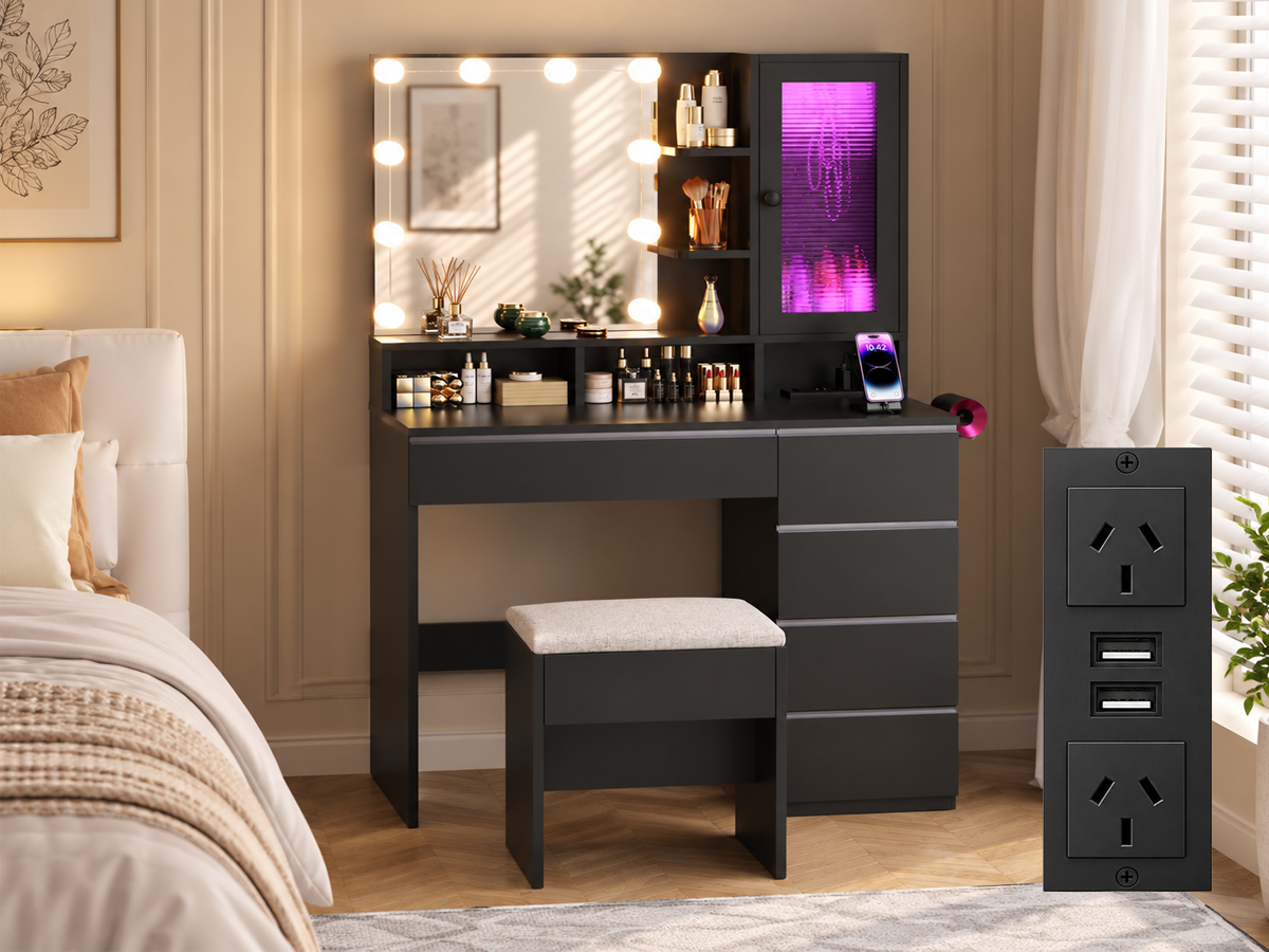 Dressing Table With Mirror LED Lights 6 Drawers Storage Stool Power Outlet
