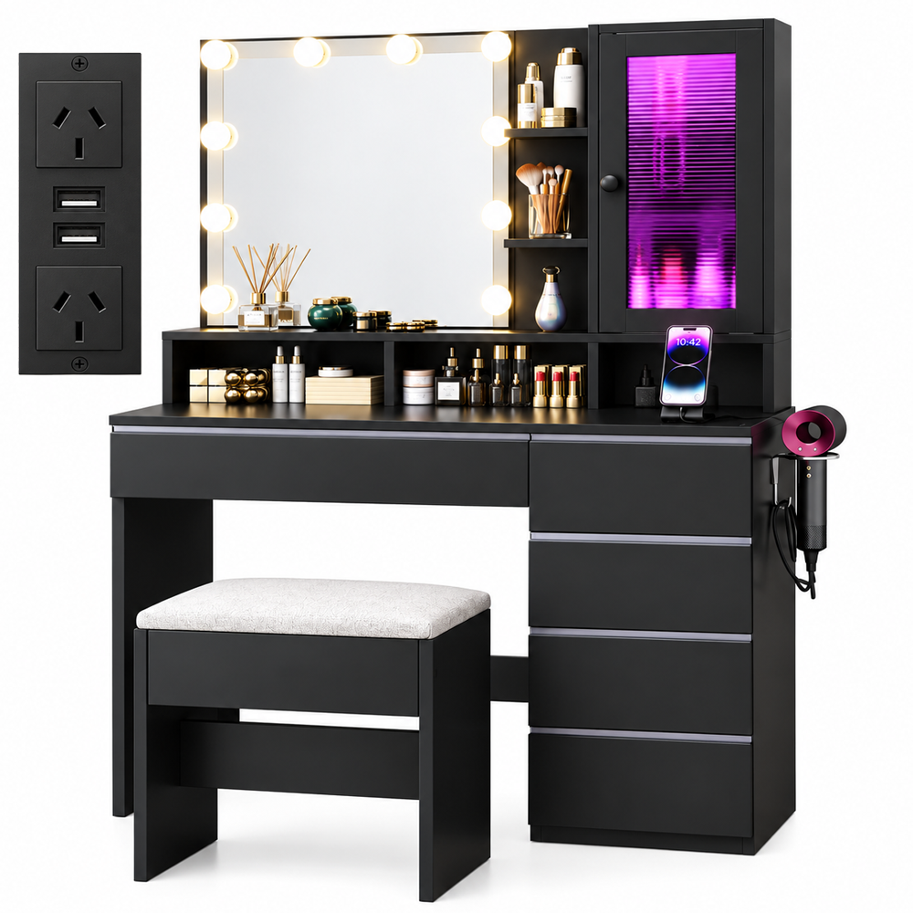 Dressing Table With Mirror LED Lights 6 Drawers Storage Stool Power Outlet