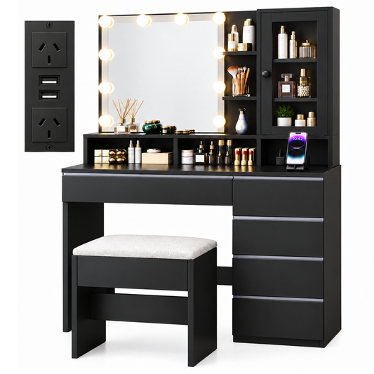 Dressing Table With Mirror LED Lights 6 Drawers Storage Stool Power Outlet