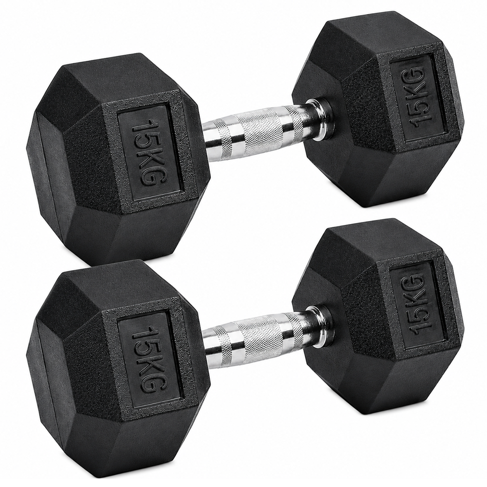 15kg Rubber Hex Dumbbells Heavy Duty Cast Iron Free Weights for Home Gym & Strength Training