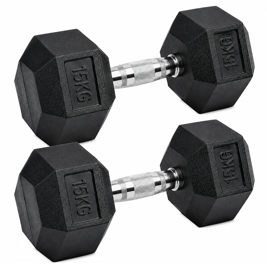 15kg Rubber Hex Dumbbells Heavy Duty Cast Iron Free Weights for Home Gym & Strength Training
