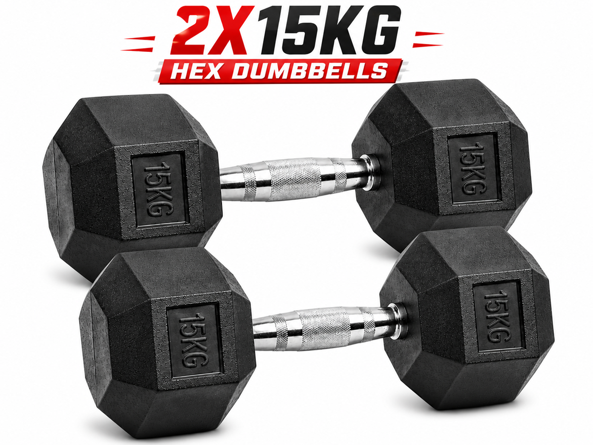 15kg Rubber Hex Dumbbells Heavy Duty Cast Iron Free Weights for Home Gym & Strength Training