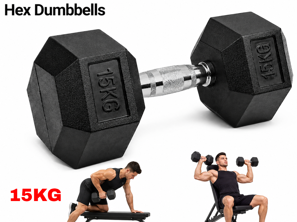 15kg Rubber Hex Dumbbell Heavy Duty Cast Iron Free Weight for Home Gym