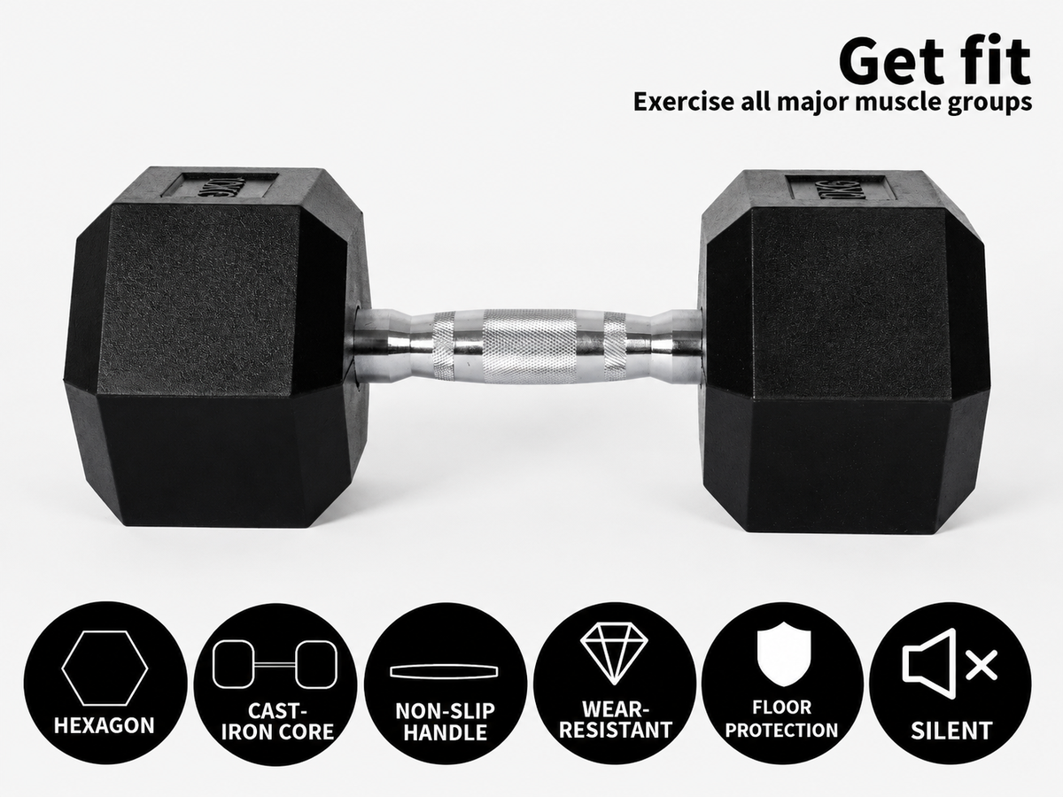 15kg Rubber Hex Dumbbell Heavy Duty Cast Iron Free Weight for Home Gym