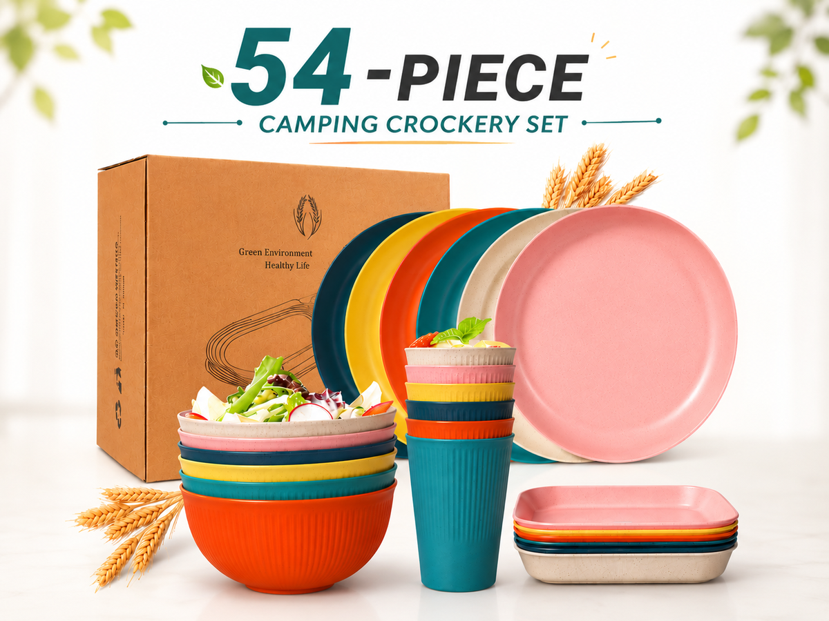 54 Piece Camping Crockery Set Reusable Outdoor Dining Tableware Set