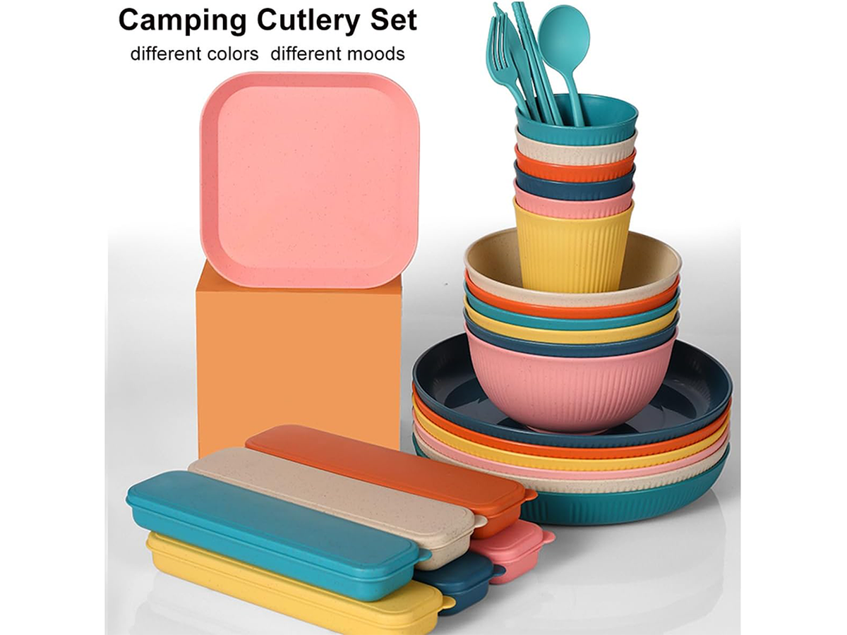 54 Piece Camping Crockery Set Reusable Outdoor Dining Tableware Set