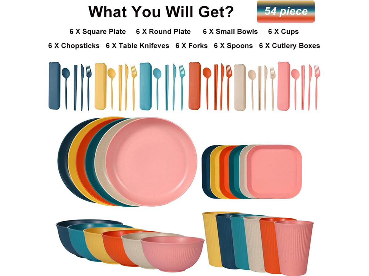 54 Piece Camping Crockery Set Reusable Outdoor Dining Tableware Set
