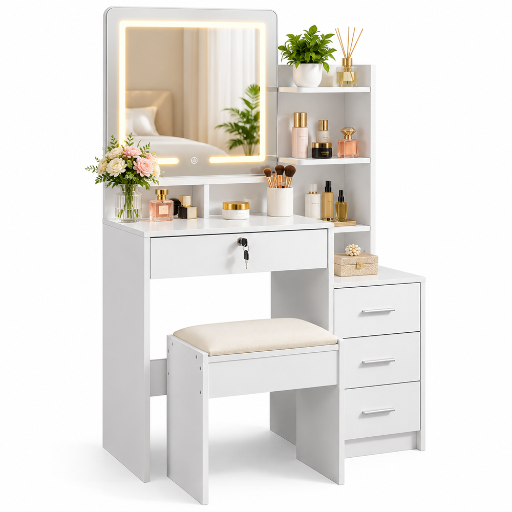 Dressing Table with LED Mirror Cushioned Stool