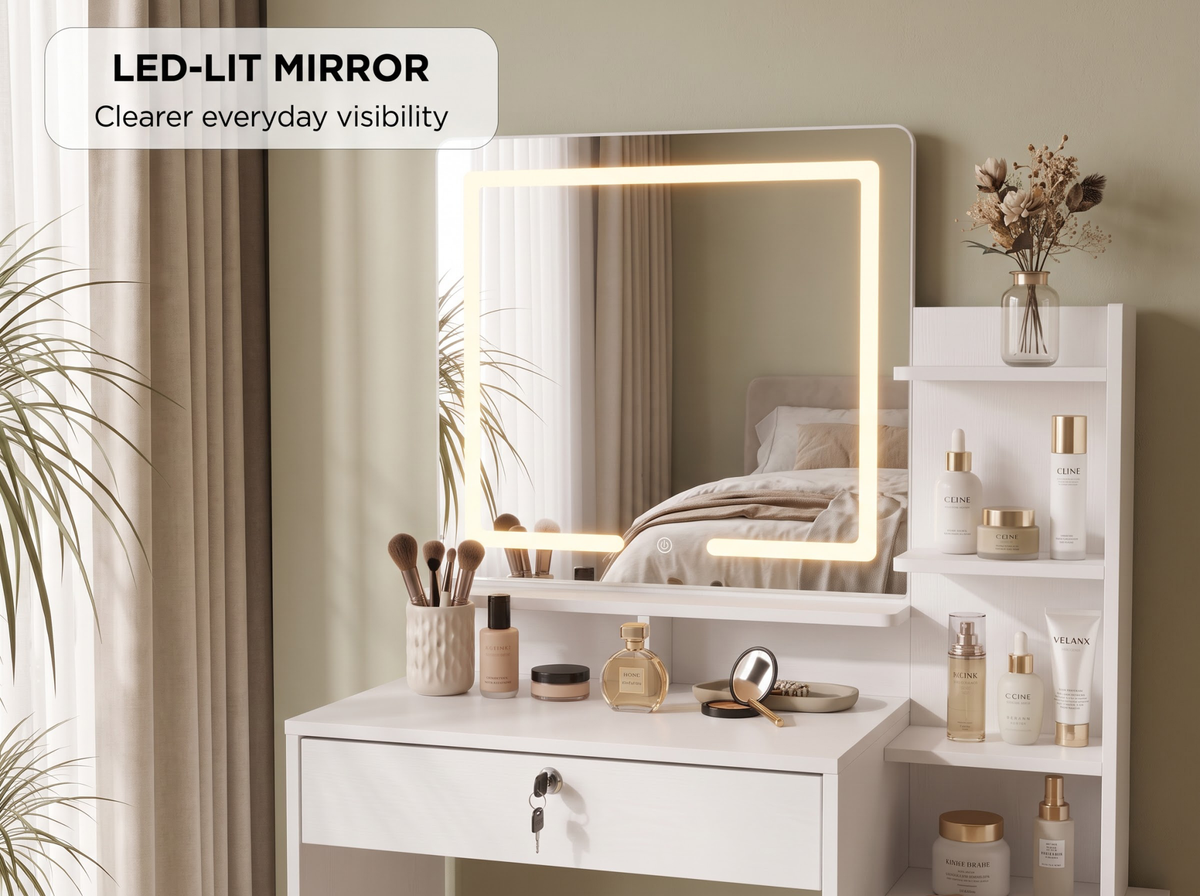 Dressing Table with LED Mirror Cushioned Stool
