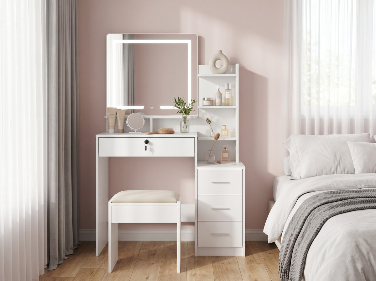 Dressing Table with LED Mirror Cushioned Stool