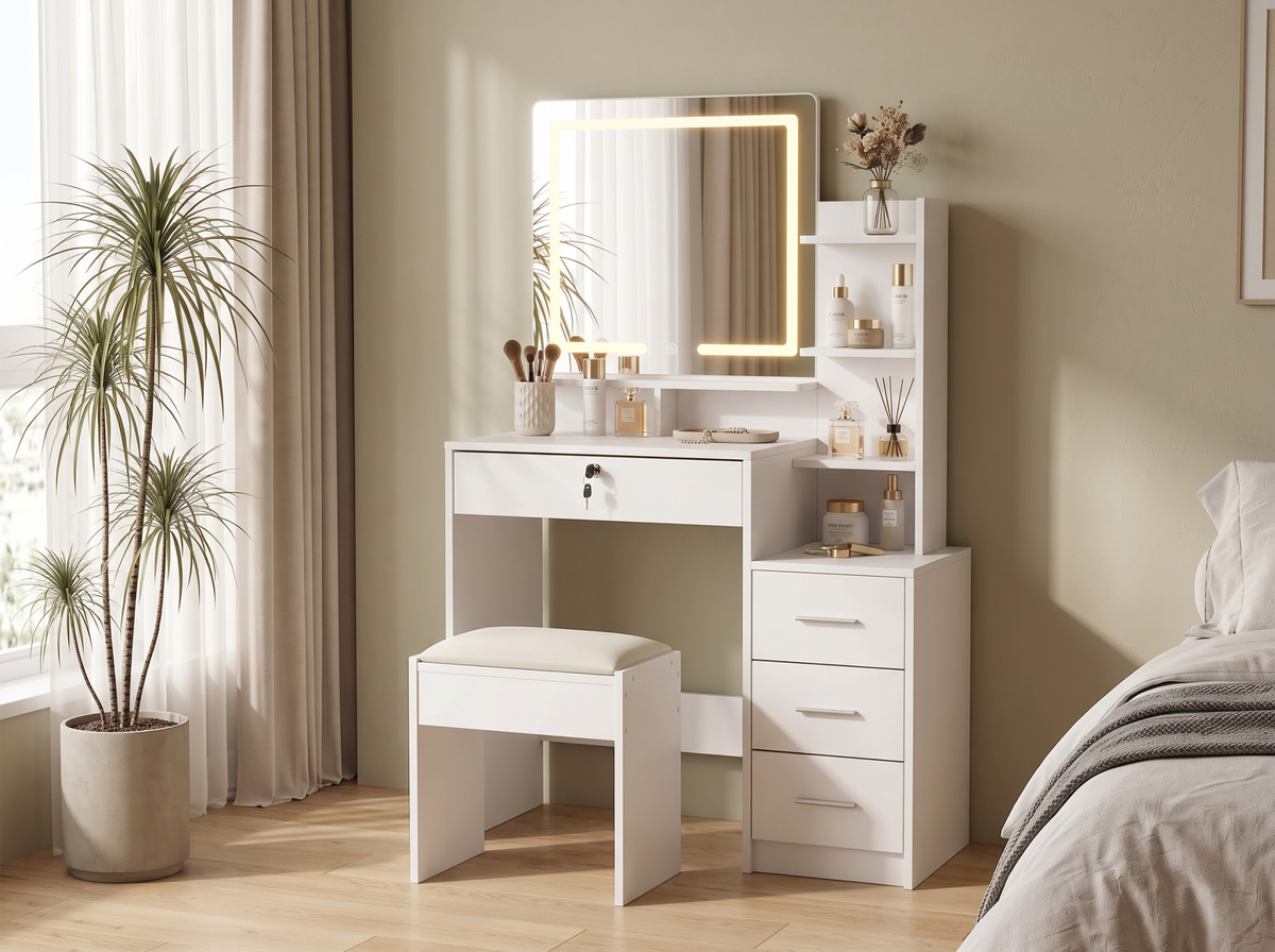 Dressing Table with LED Mirror Cushioned Stool