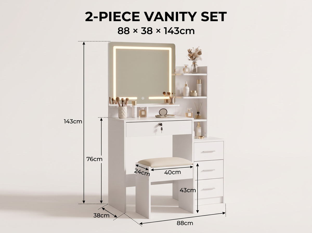 Dressing Table with LED Mirror Cushioned Stool