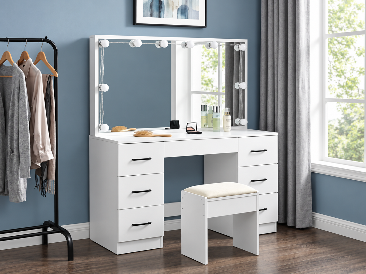 Dressing Table With Mirror and Stool Set LED Mirror Storage Drawers