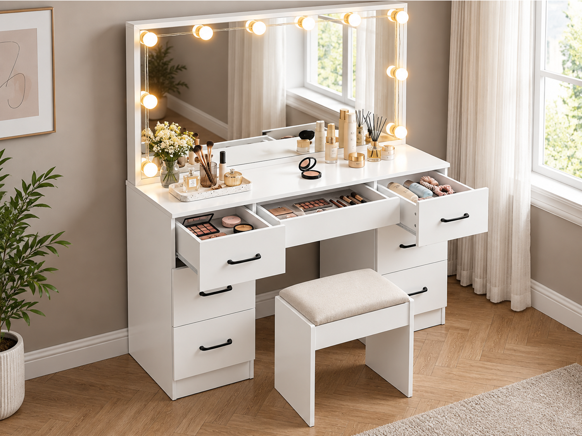 Dressing Table With Mirror and Stool Set LED Mirror Storage Drawers