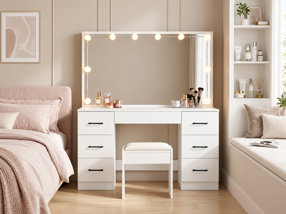 Dressing Table With Mirror and Stool Set LED Mirror Storage Drawers