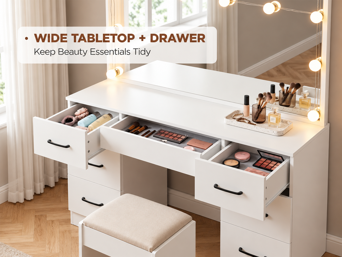Dressing Table With Mirror and Stool Set LED Mirror Storage Drawers