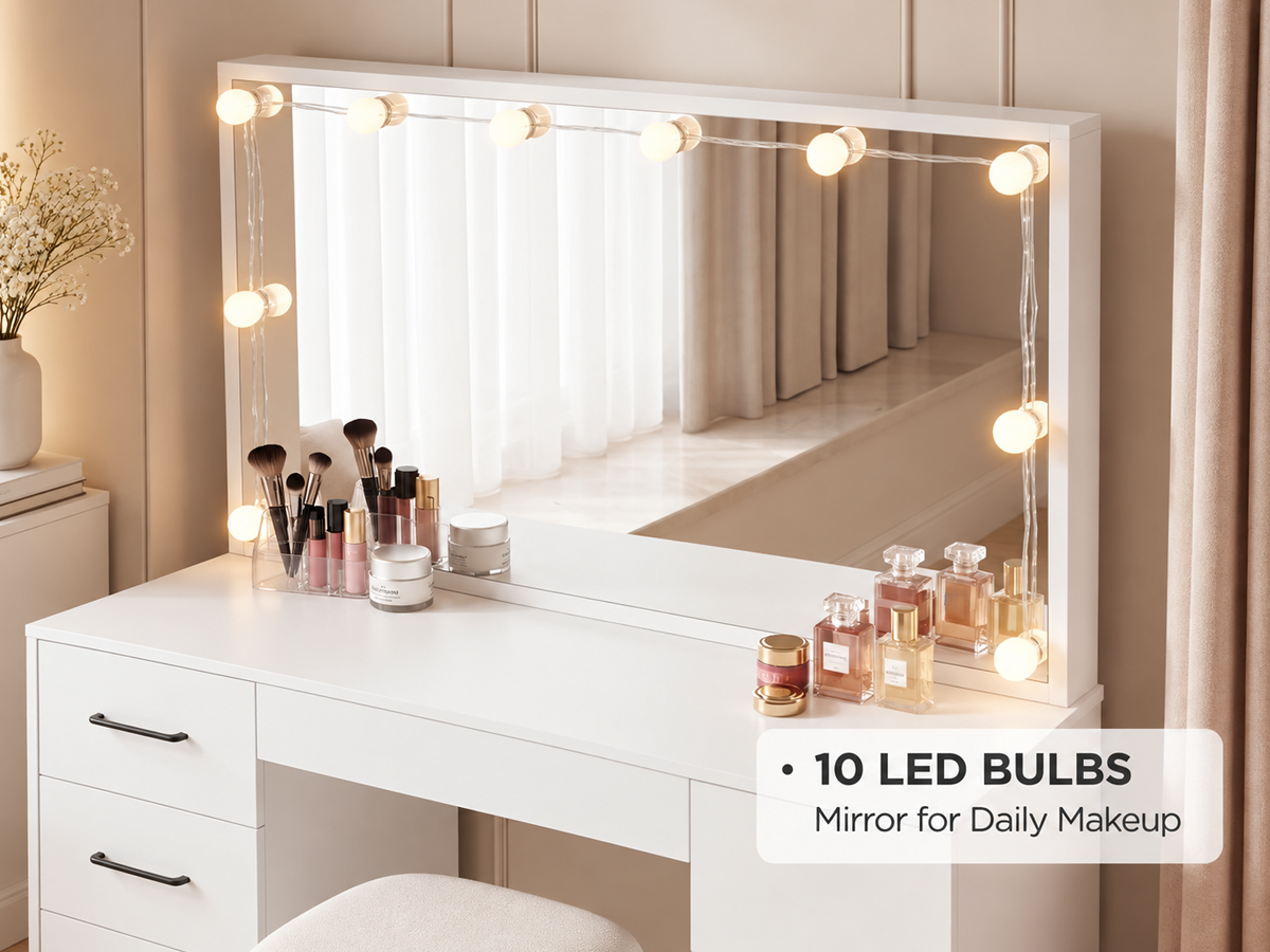 Dressing Table With Mirror and Stool Set LED Mirror Storage Drawers