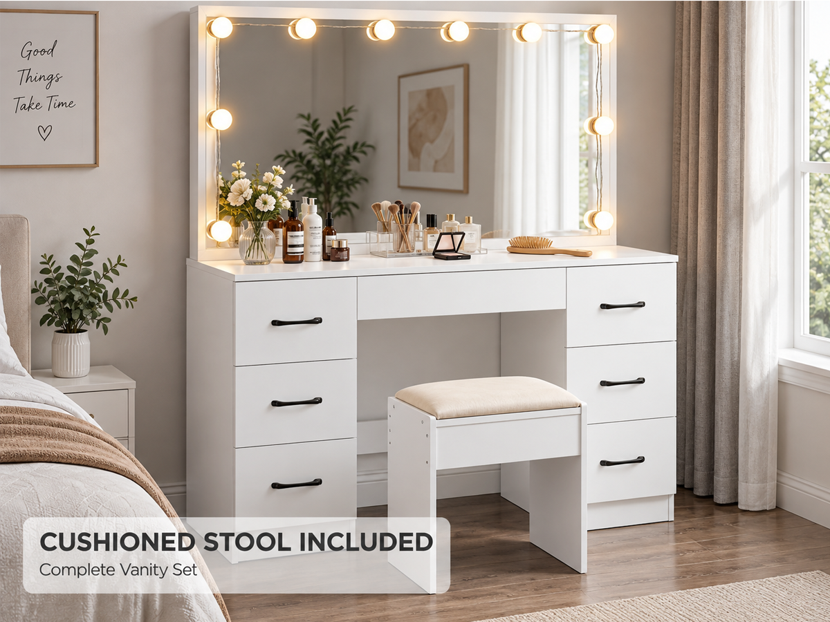 Dressing Table With Mirror and Stool Set LED Mirror Storage Drawers