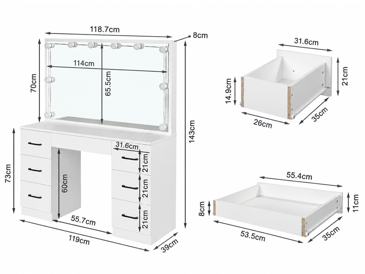 Dressing Table With Mirror and Stool Set LED Mirror Storage Drawers