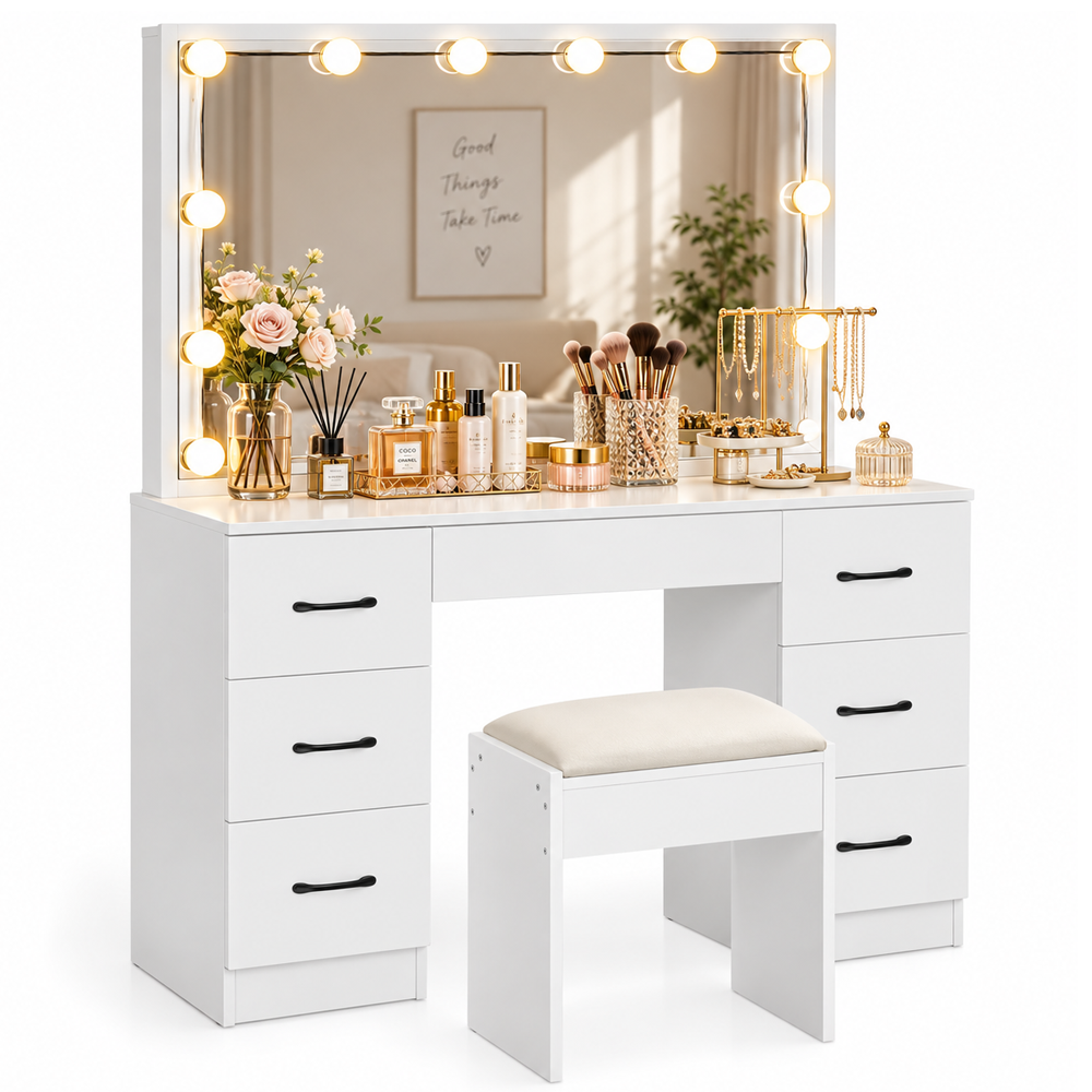 Dressing Table With Mirror and Stool Set LED Mirror Storage Drawers