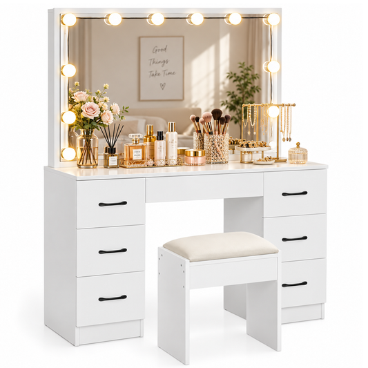 Dressing Table With Mirror and Stool Set LED Mirror Storage Drawers