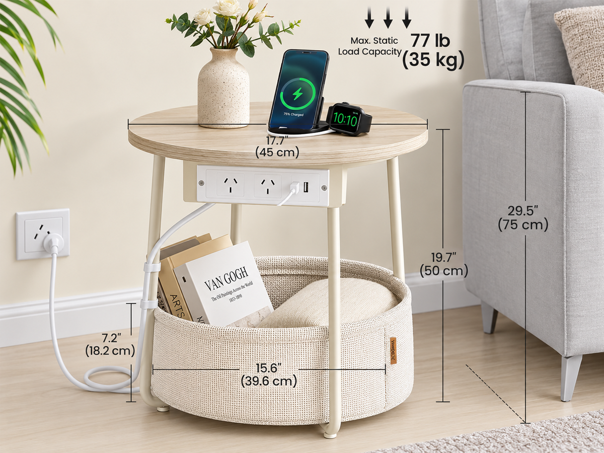VASAGLE LILEA Side Table with Charging Station