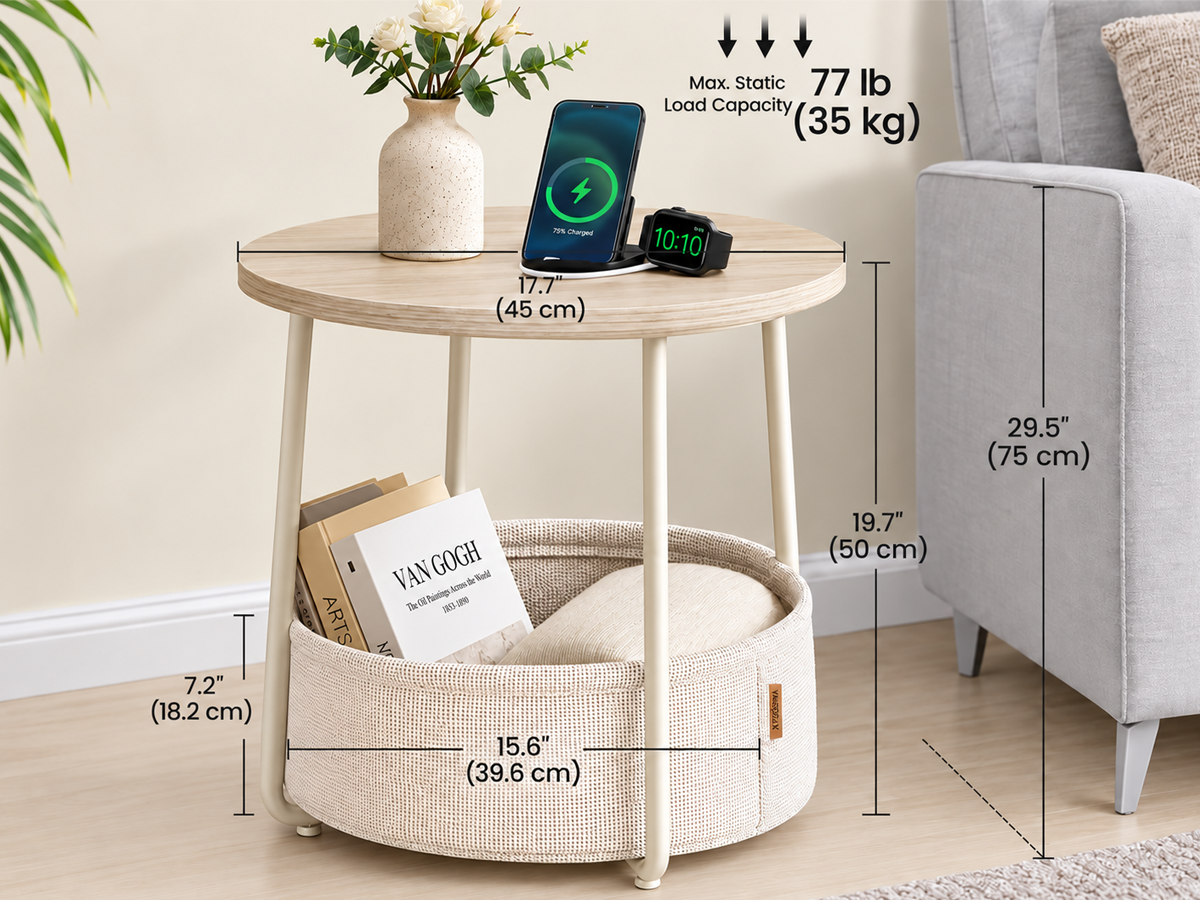 Round Side Table with Fabric Basket Storage End Table