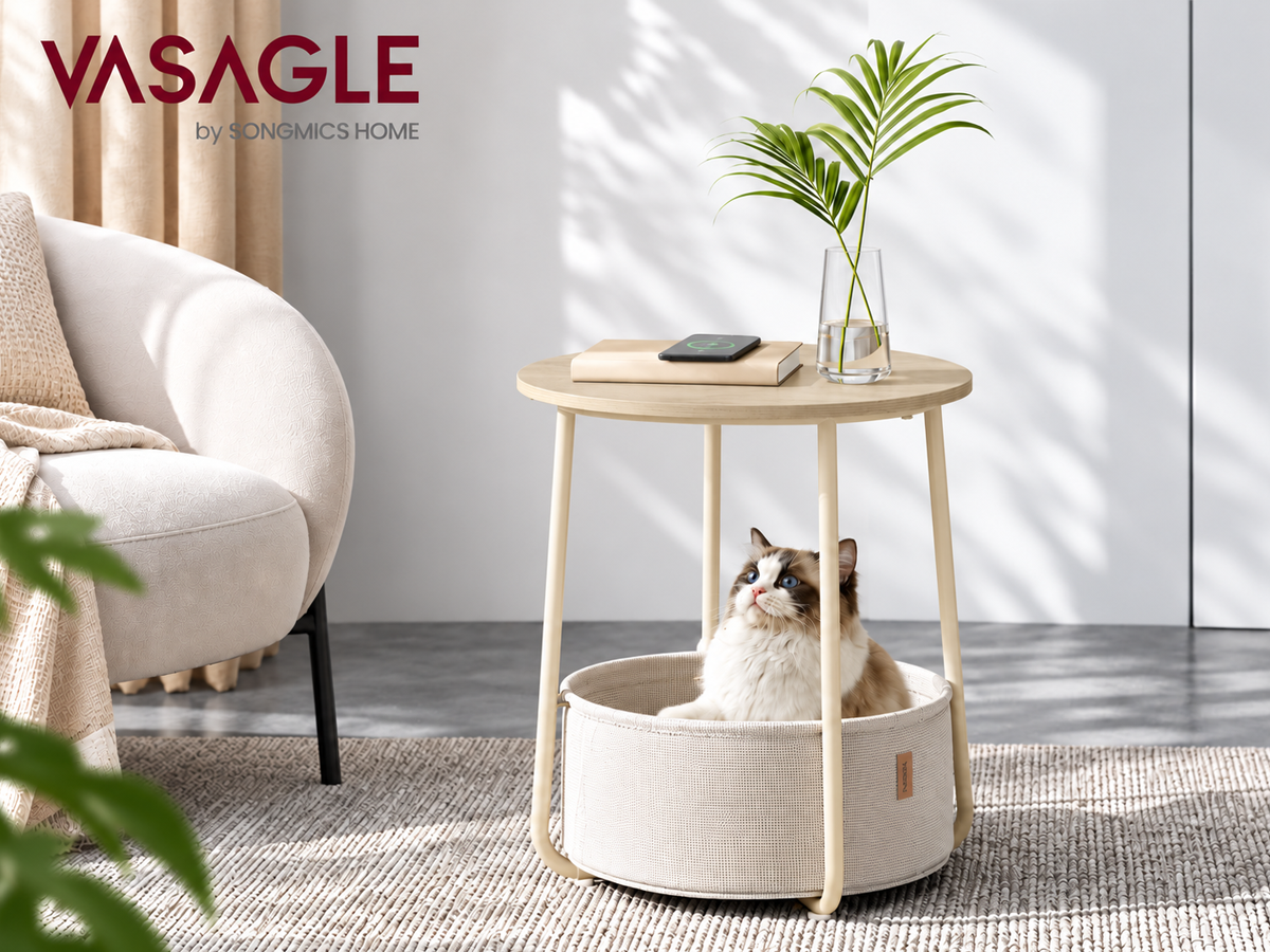 Round Side Table with Fabric Basket Storage End Table