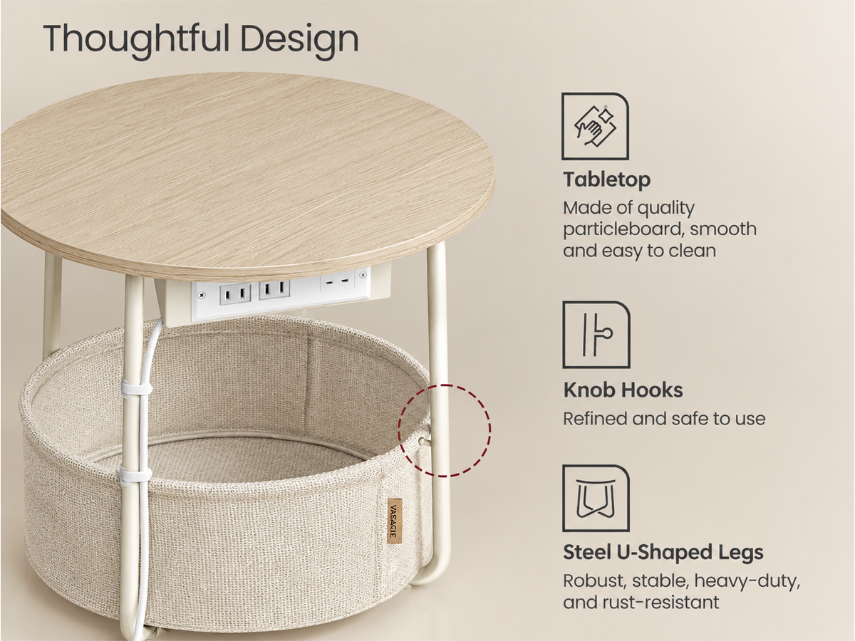 VASAGLE LILEA Side Table with Charging Station