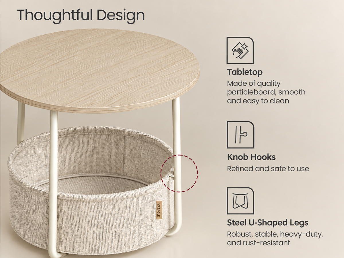 Round Side Table with Fabric Basket Storage End Table