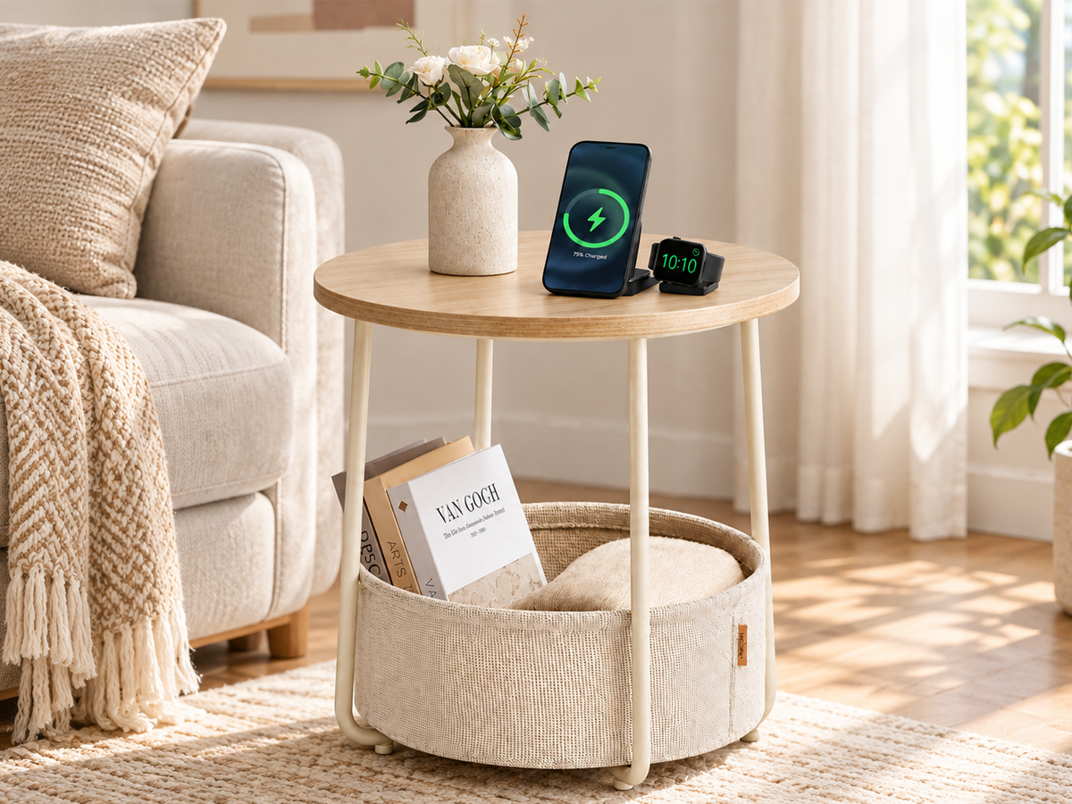 Round Side Table with Fabric Basket Storage End Table