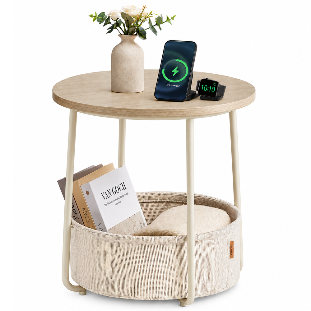 Round Side Table with Fabric Basket Storage End Table