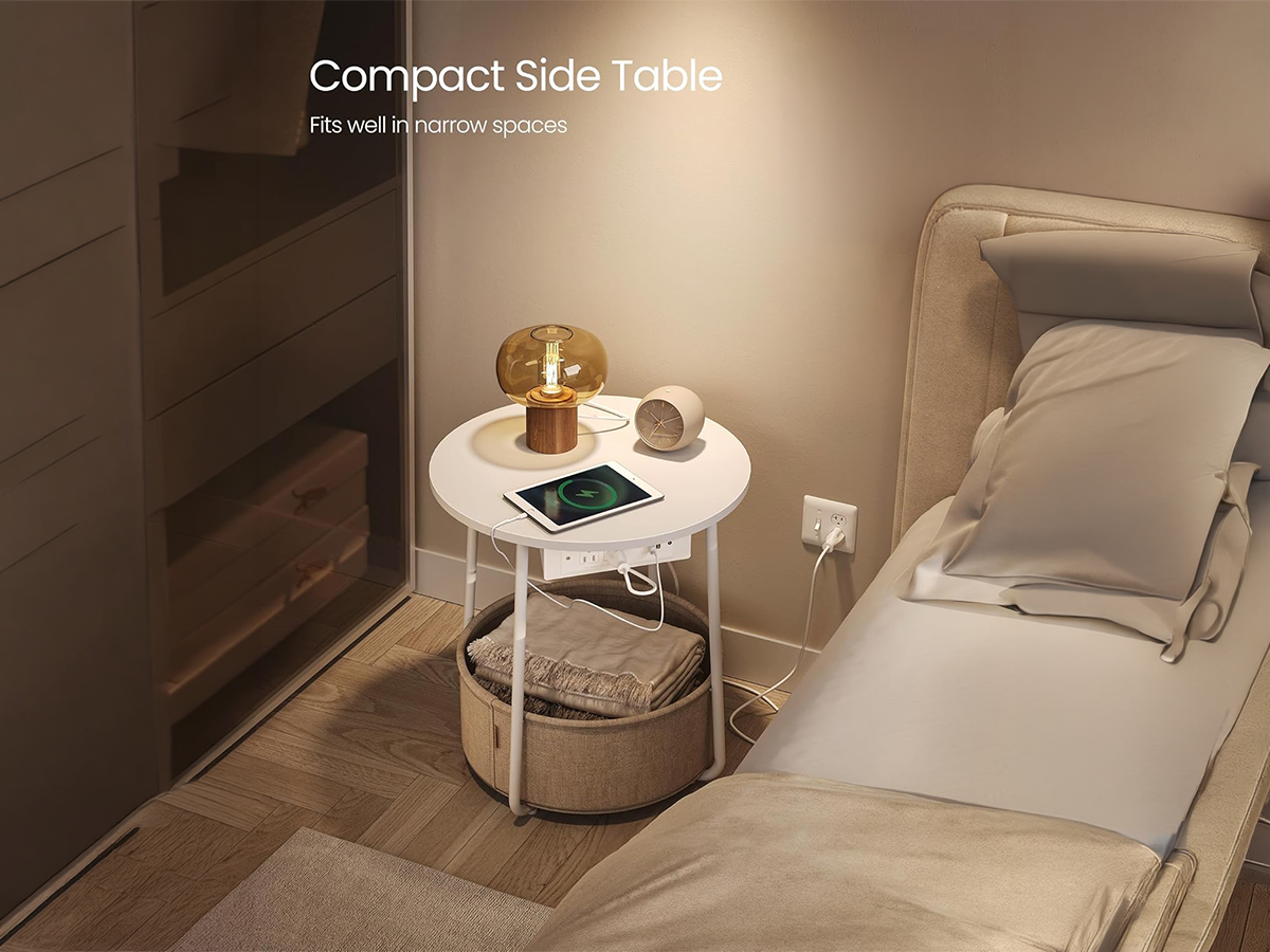 Round Bedside Table with Fabric Basket Charging Station