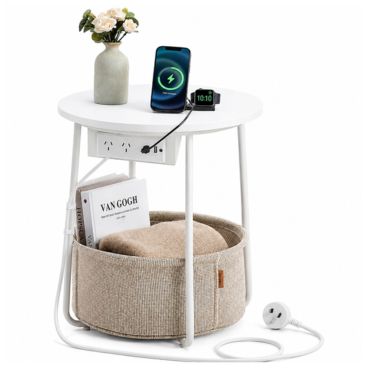 Round Bedside Table with Fabric Basket Charging Station