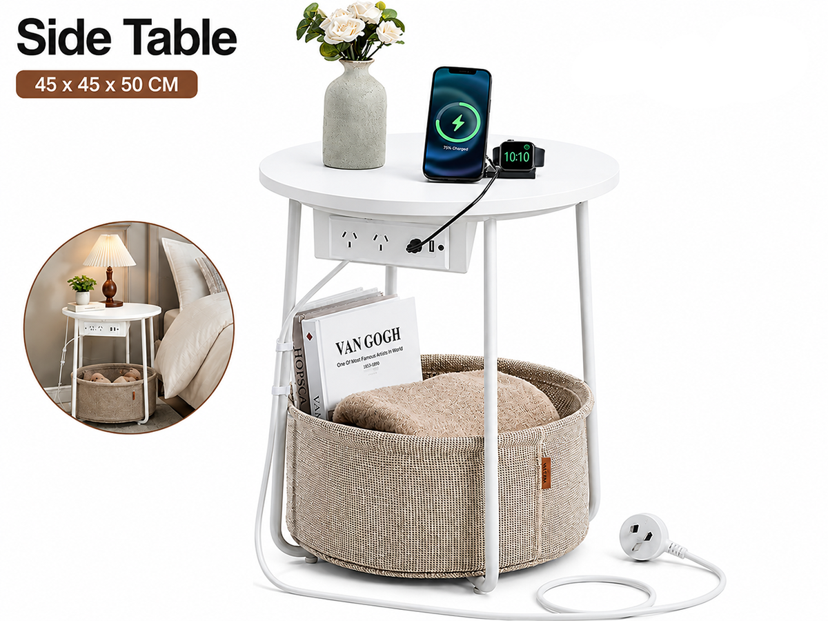 Round Bedside Table with Fabric Basket Charging Station
