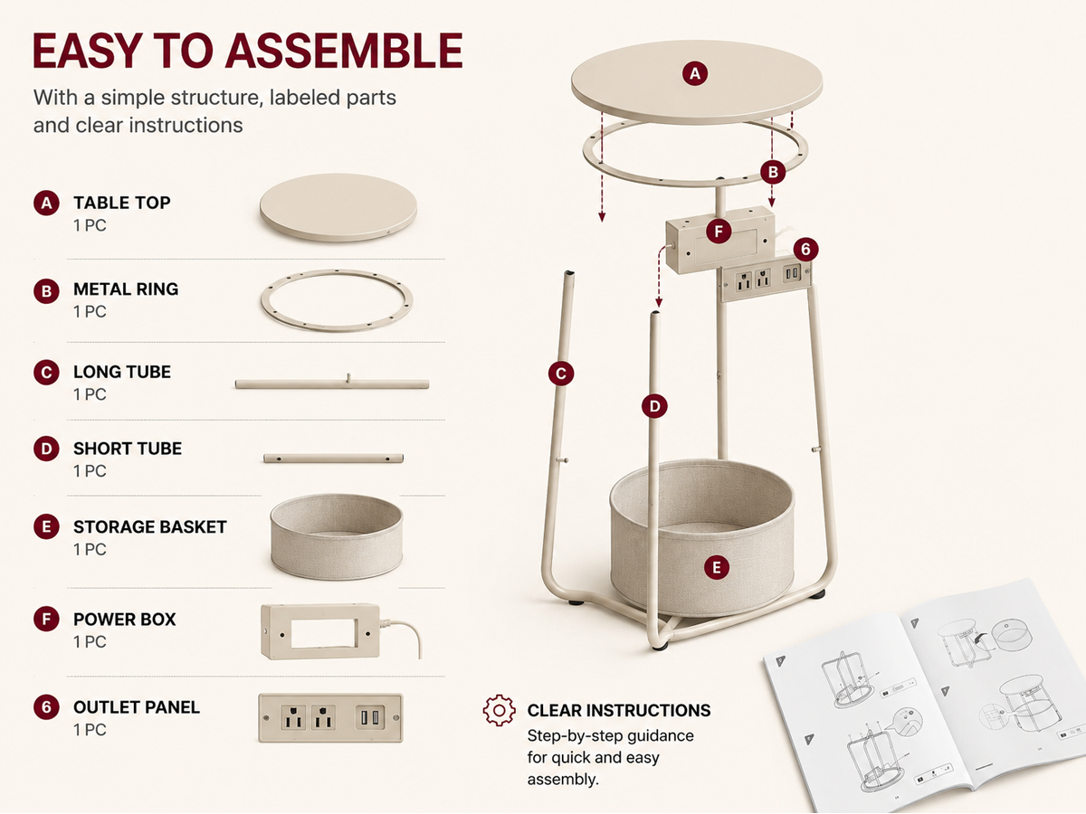Round Bedside Table with Fabric Basket Charging Station