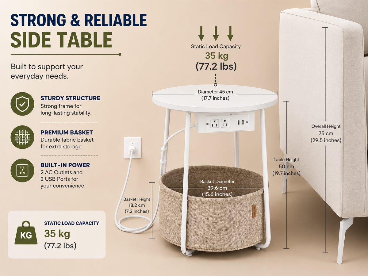 Round Bedside Table with Fabric Basket Charging Station