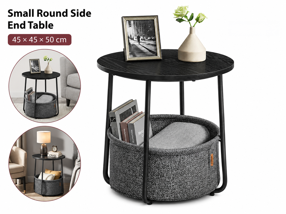 Side Table with Fabric Basket Round End Table for Living Room and Bedroom