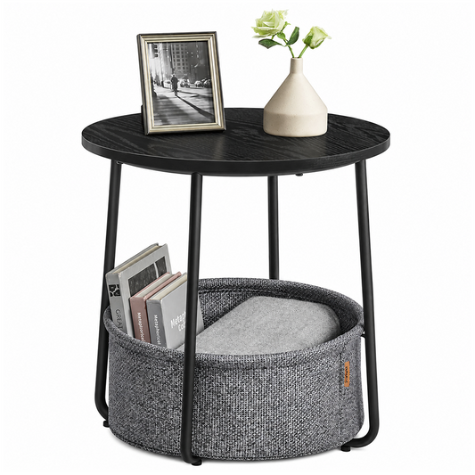 Side Table with Fabric Basket Round End Table for Living Room and Bedroom