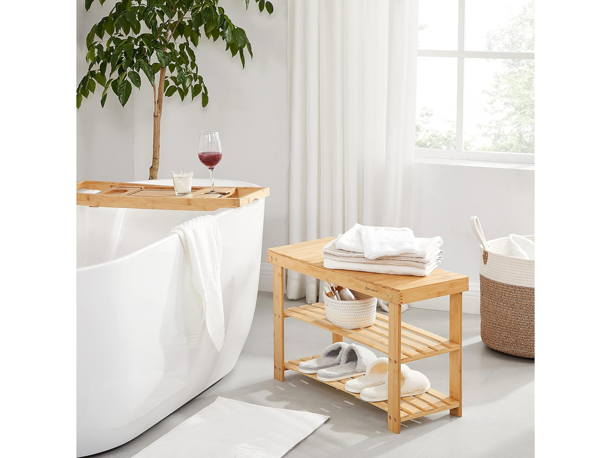 3 Tier Bamboo Shoe Bench with Storage Shelves